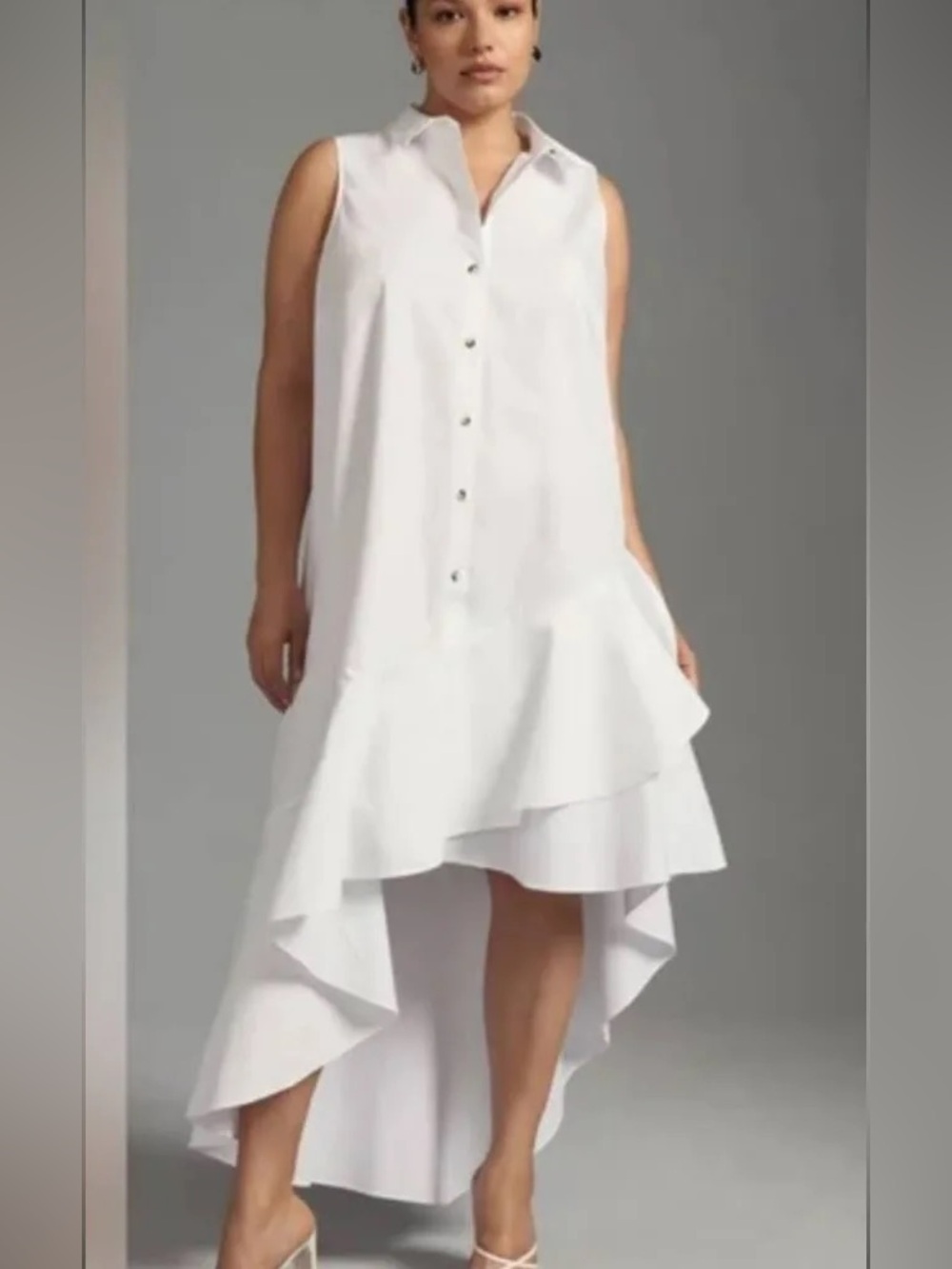 Anthropologie White Sleeveless High-Low Ruffle Shirt Dress